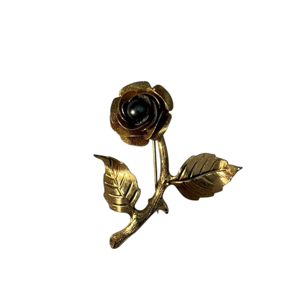 Vintage Gold Tone Textured‎ Black Center Rose Flower Floral Brooch Pin